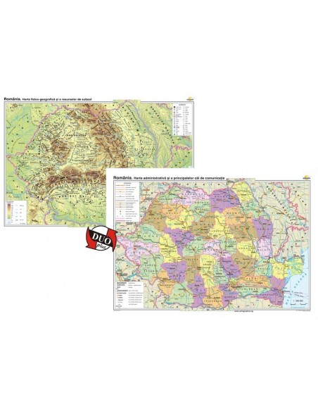 Romania. Harta fizico-geografica si a resurselor naturale de subsol si Romania. Harta administrativa si a principalelor cai de