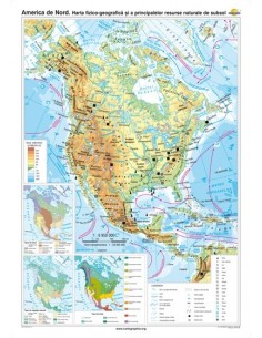 America de Nord. Harta fizico-geografica si a principalelor resurse naturale de subsol