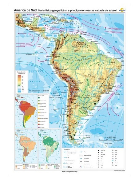 America de Sud. Harta fizico-geografica si a principalelor resurse naturale de subsol