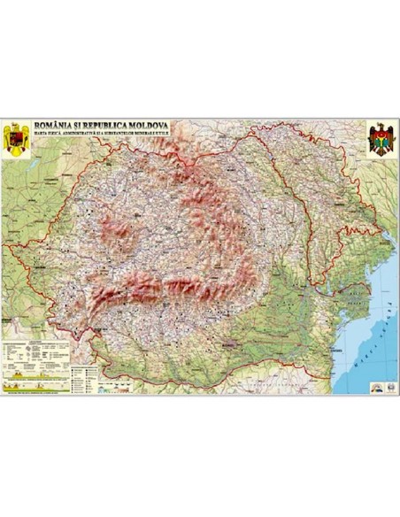 Romania si Republica Moldova. Harta fizica, administrativa si a substantelor minerale utile