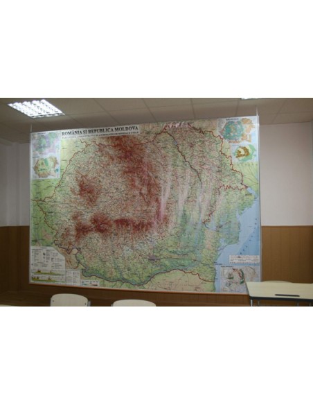 Romania si Republica Moldova. Harta fizica, administrativa si a substantelor minerale utile